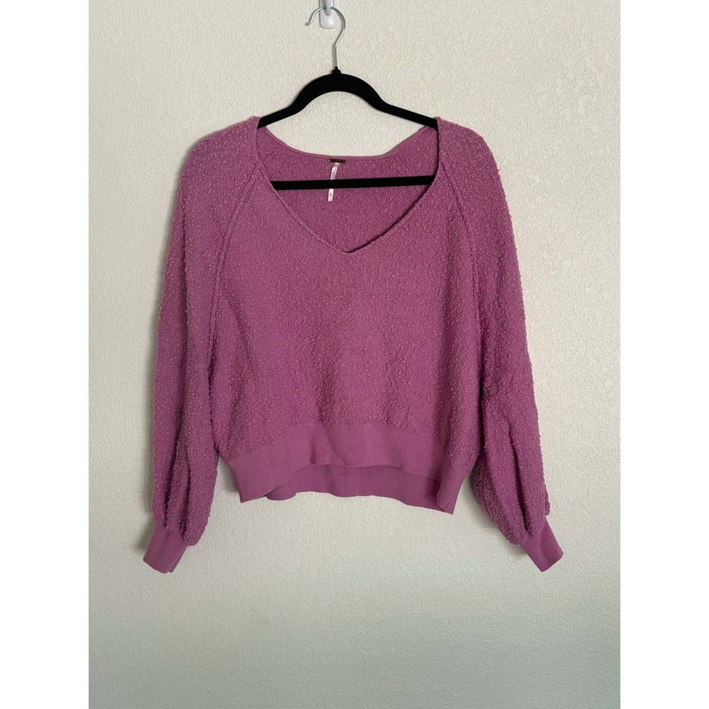 Free People Found My Friend V Neck Textured Popcorn Knit Sweater Orchid Purple S